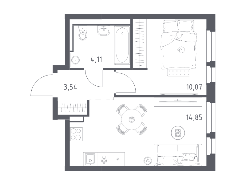 1-комнатная квартира, 32.57 м² - планировка, фото №1
