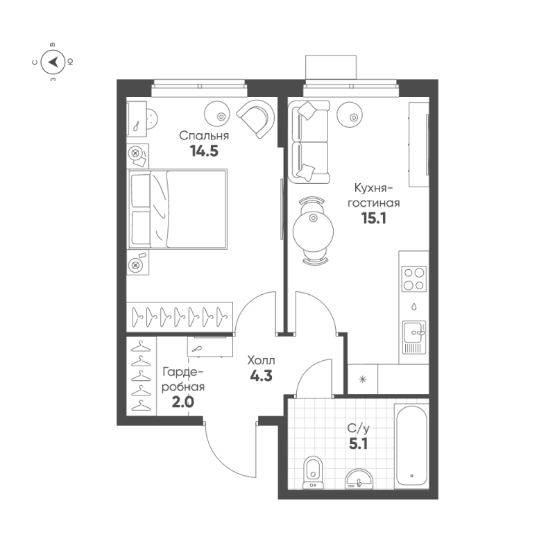 2-комнатная (Евро) квартира, 41 м² в ЖК "Ягодное Река Парк" - планировка, фото №1