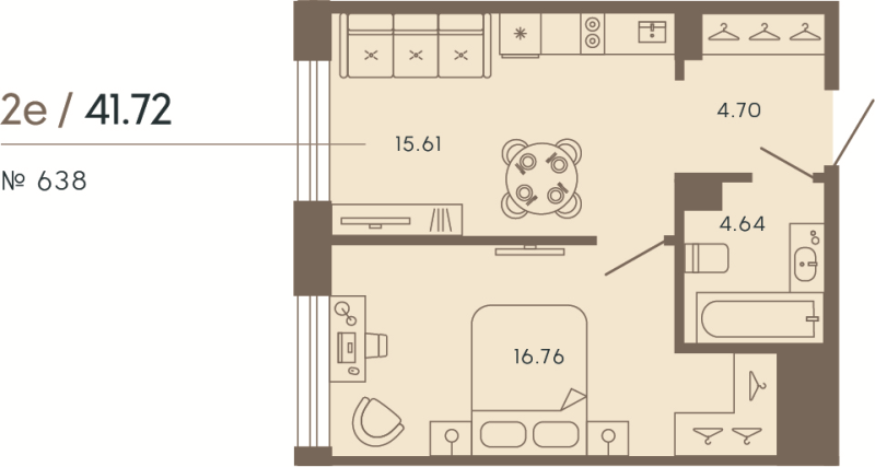 2-комнатная (Евро) квартира, 41.72 м² в ЖК "17/33 Петровский остров" - планировка, фото №1