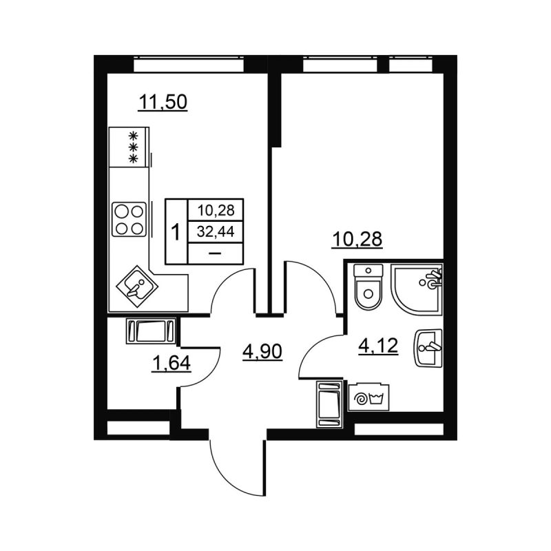 1-комнатная квартира, 32.44 м² в ЖК "Высота. Новодевяткино" - планировка, фото №1