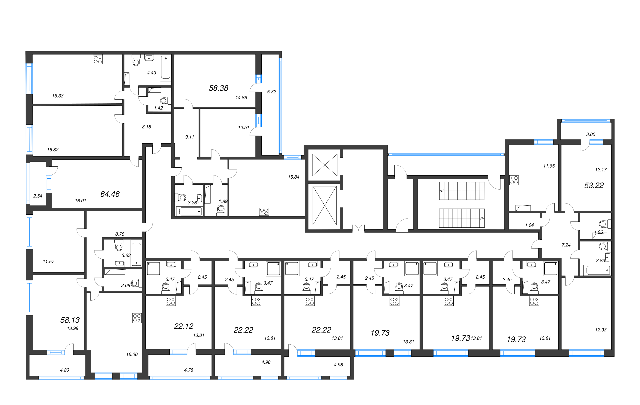 3-комнатная (Евро) квартира, 64.46 м² - планировка этажа