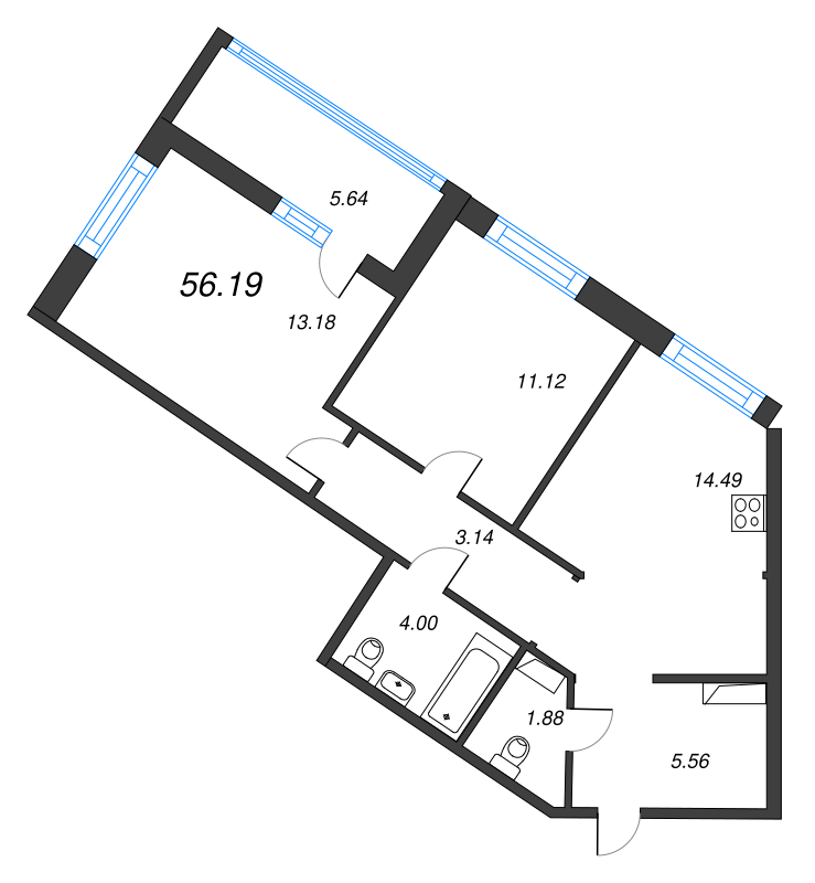 2-комнатная квартира, 56.19 м² в ЖК "Jaanila Драйв" - планировка, фото №1