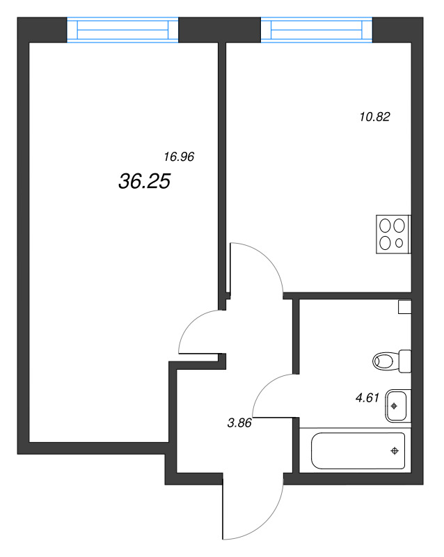 1-комнатная квартира, 36.25 м² - планировка, фото №1