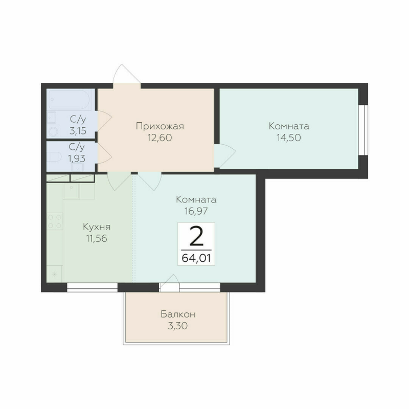 2-комнатная квартира, 64.01 м² в ЖК "Финский квартал" - планировка, фото №1