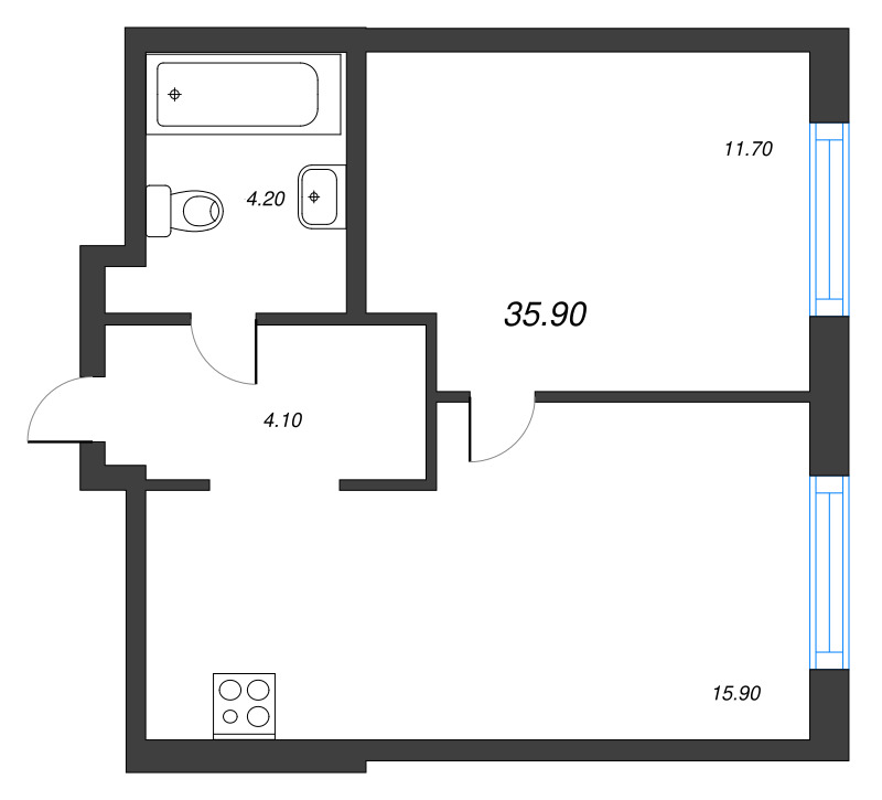 2-комнатная (Евро) квартира, 35.9 м² в ЖК "Струны" - планировка, фото №1