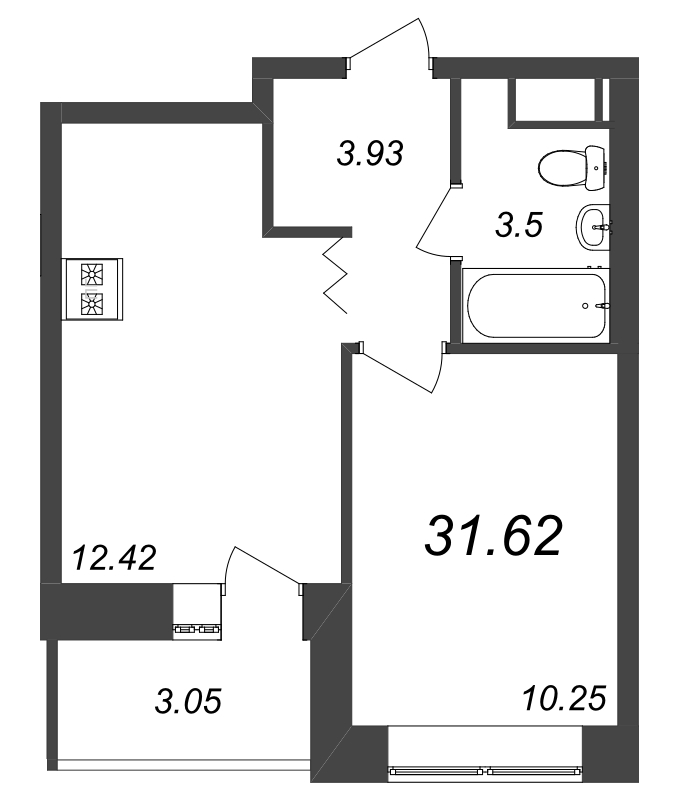 1-комнатная квартира, 31.62 м² - планировка, фото №1