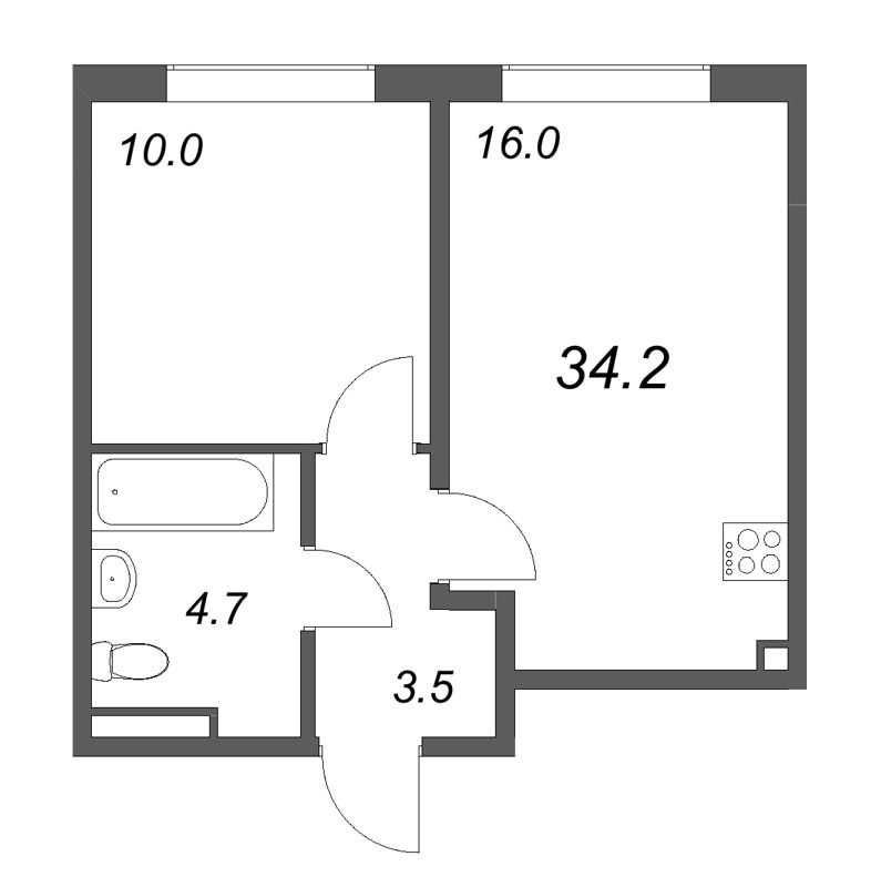 2-комнатная (Евро) квартира, 34.2 м² в ЖК "Пулково Lake" - планировка, фото №1