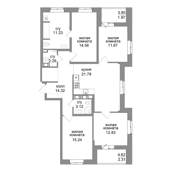 5-комнатная (Евро) квартира, 112.4 м² в ЖК "Северная Долина" - планировка, фото №1