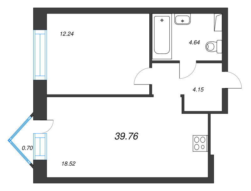 2-комнатная (Евро) квартира, 39.76 м² в ЖК "Остров Первых" - планировка, фото №1