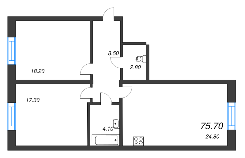 3-комнатная (Евро) квартира, 75.6 м² - планировка, фото №1