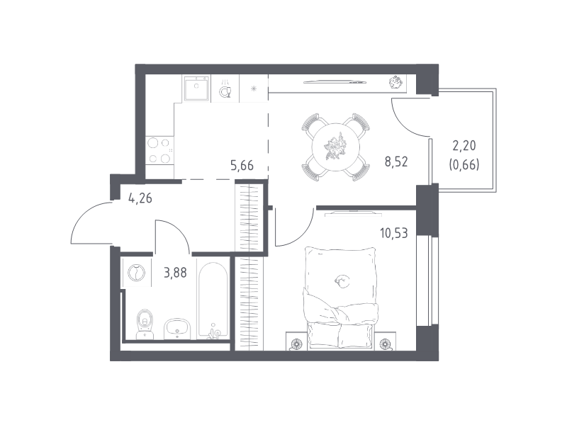 1-комнатная квартира, 33.51 м² в ЖК "Живи! В Рыбацком" - планировка, фото №1