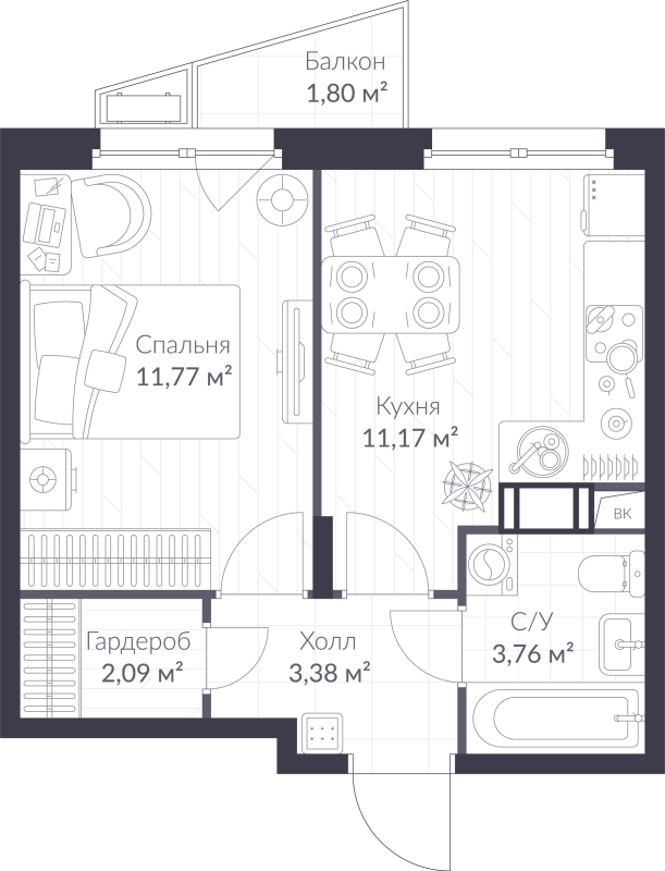 1-комнатная квартира, 32.71 м² в ЖК "VEREN NORT сертолово" - планировка, фото №1