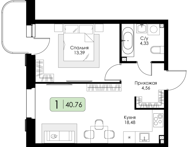 2-комнатная (Евро) квартира, 40.76 м² в ЖК "Всевгород" - планировка, фото №1