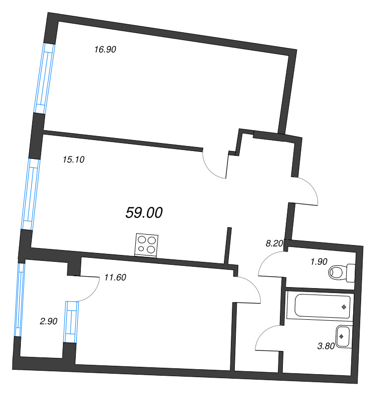 3-комнатная (Евро) квартира, 59 м² в ЖК "Ягодное Река Парк" - планировка, фото №1