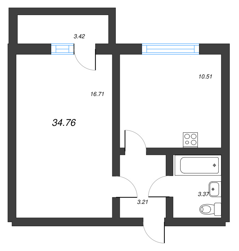 1-комнатная квартира, 34.76 м² - планировка, фото №1