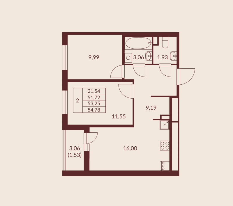 3-комнатная (Евро) квартира, 53.25 м² в ЖК "Амурино" - планировка, фото №1