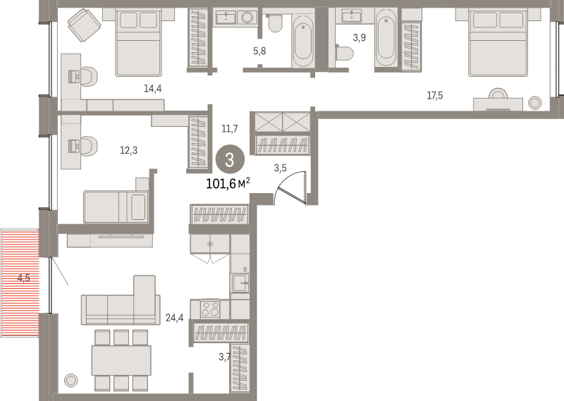 4-комнатная (Евро) квартира, 100.9 м² в ЖК "Северный ветер" - планировка, фото №1