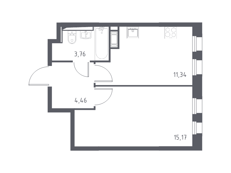 1-комнатная квартира, 34.73 м² - планировка, фото №1