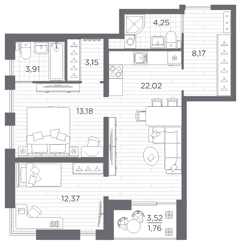 3-комнатная (Евро) квартира, 68.8 м² в ЖК "Сезоны" - планировка, фото №1