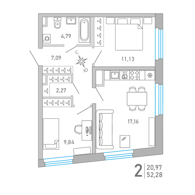 3-комнатная (Евро) квартира, 52.28 м² - планировка, фото №1