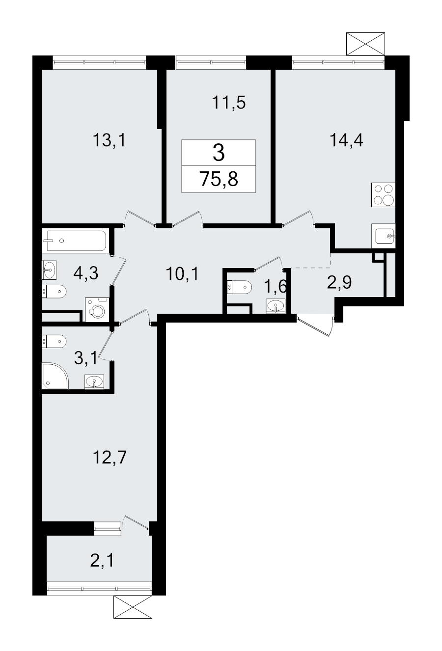 3-комнатная квартира, 75.8 м² - планировка, фото №1