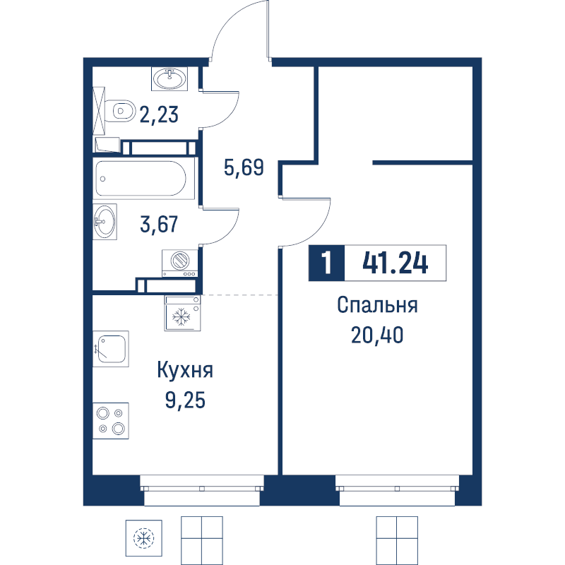 1-комнатная квартира, 41.24 м² в ЖК "Символист" - планировка, фото №1
