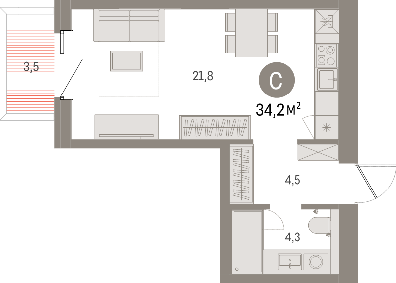 Квартира-студия, 34.2 м² в ЖК "Северный ветер" - планировка, фото №1
