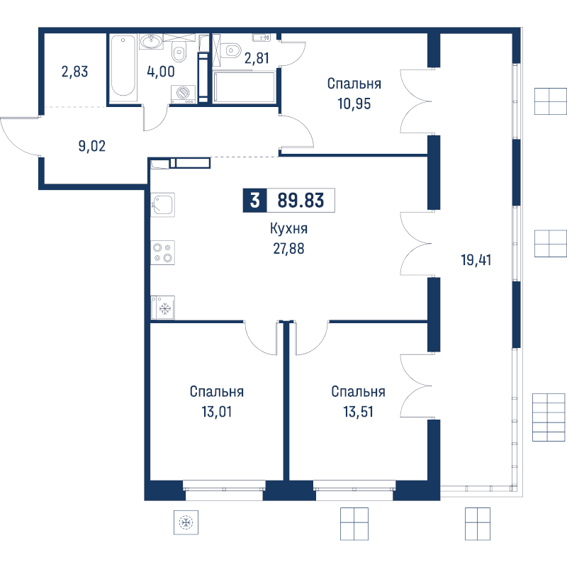 4-комнатная (Евро) квартира, 89.83 м² в ЖК "Символист" - планировка, фото №1