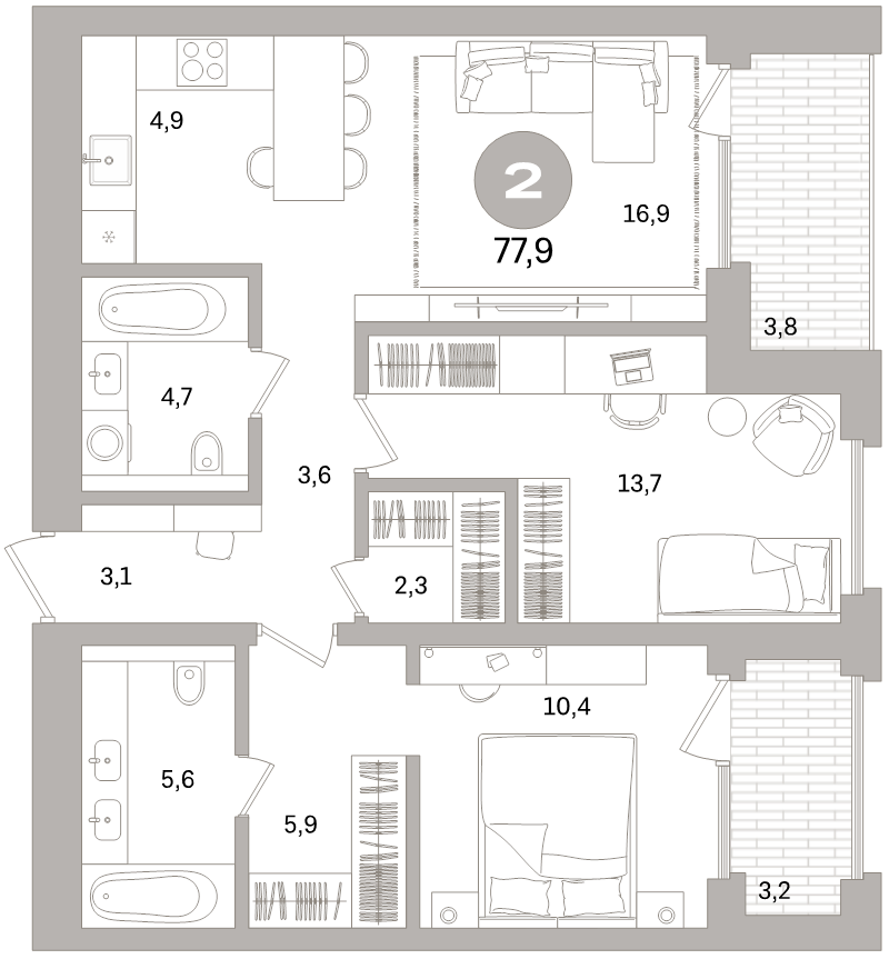 3-комнатная (Евро) квартира, 77.9 м² в ЖК "Северный ветер" - планировка, фото №1