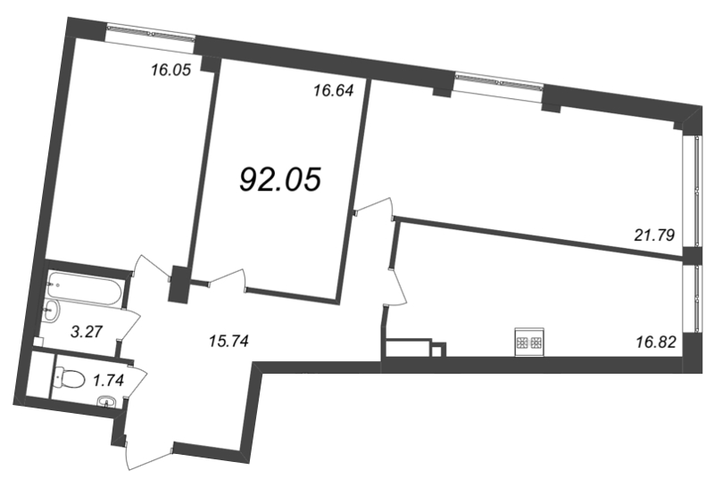 4-комнатная (Евро) квартира, 92.05 м² - планировка, фото №1