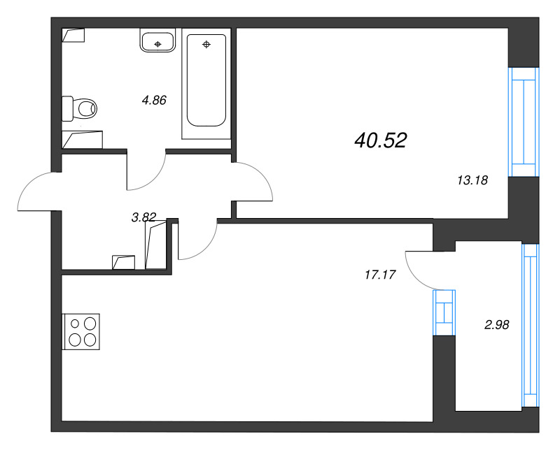 2-комнатная (Евро) квартира, 40.52 м² в ЖК "Аквилон Leaves" - планировка, фото №1