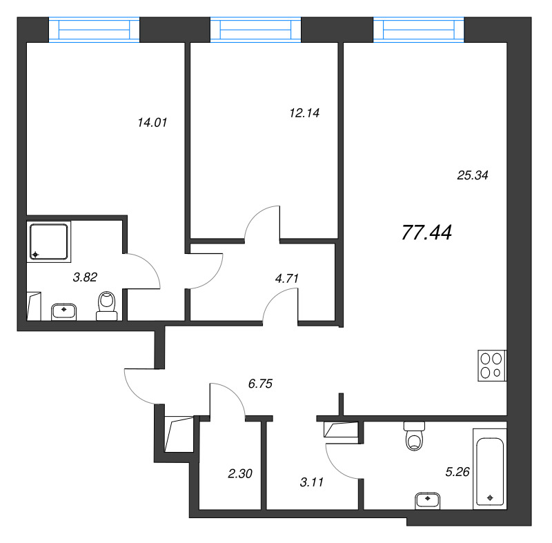 3-комнатная (Евро) квартира, 77.44 м² в ЖК "Остров Первых" - планировка, фото №1