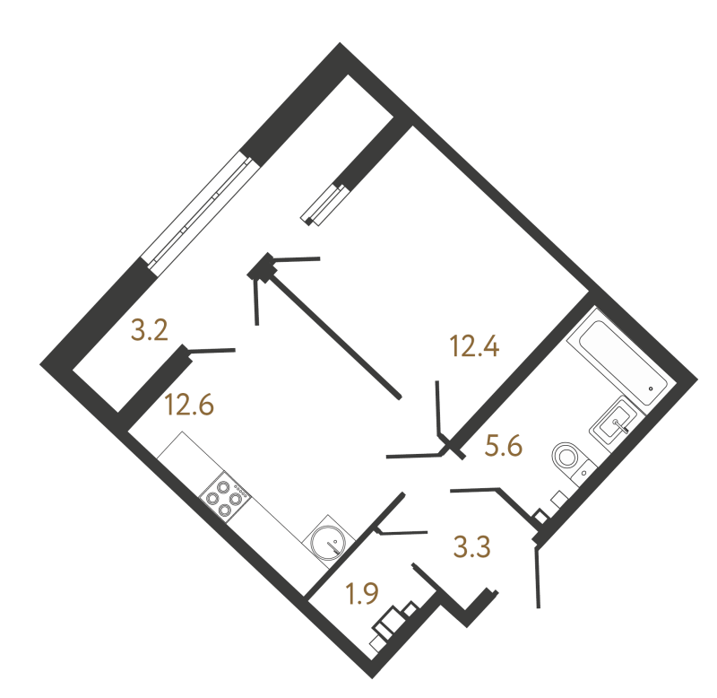 1-комнатная квартира, 35.8 м² - планировка, фото №1