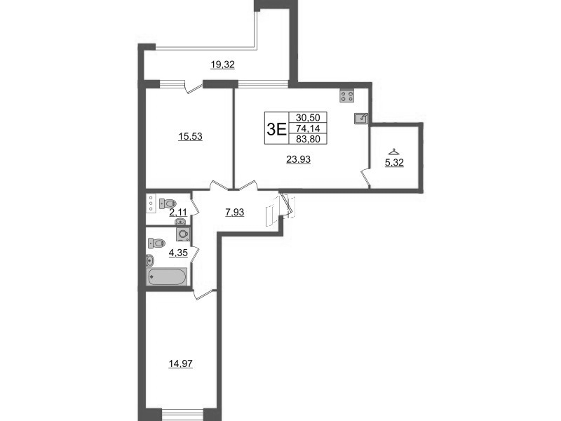 3-комнатная (Евро) квартира, 83.8 м² - планировка, фото №1