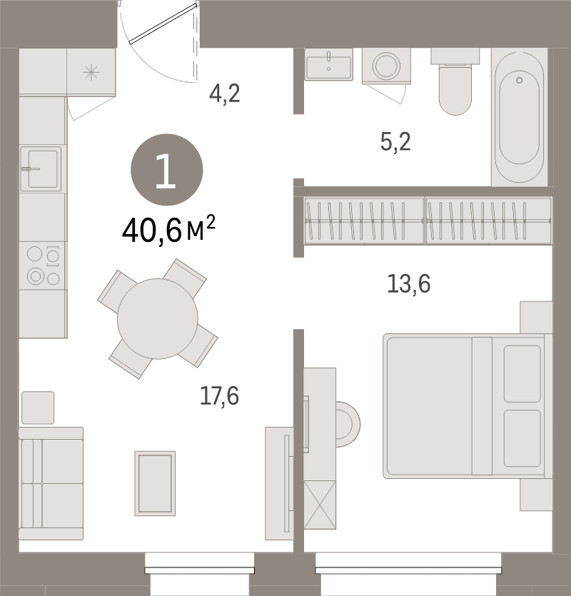 2-комнатная (Евро) квартира, 40.6 м² в ЖК "Северный ветер" - планировка, фото №1