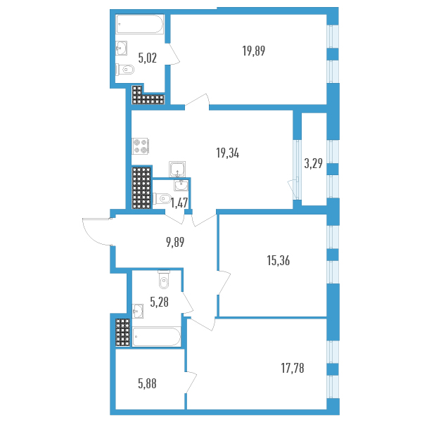 4-комнатная (Евро) квартира, 101.56 м² в ЖК "Дефанс Премиум" - планировка, фото №1