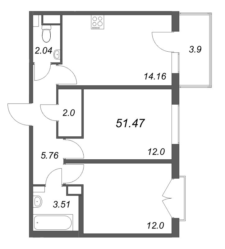 2-комнатная квартира, 51.47 м² - планировка, фото №1