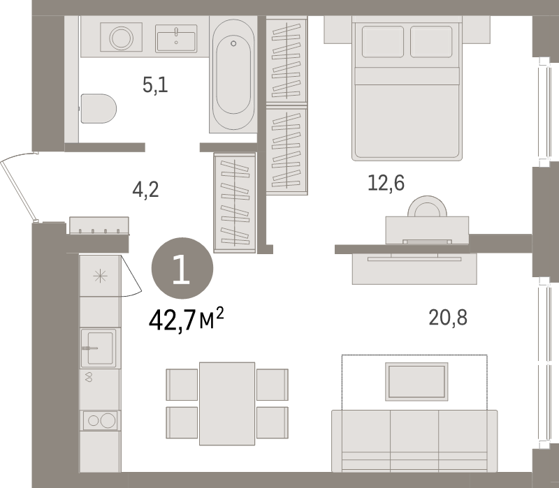 2-комнатная (Евро) квартира, 42.7 м² в ЖК "Брусника в Новоселье" - планировка, фото №1
