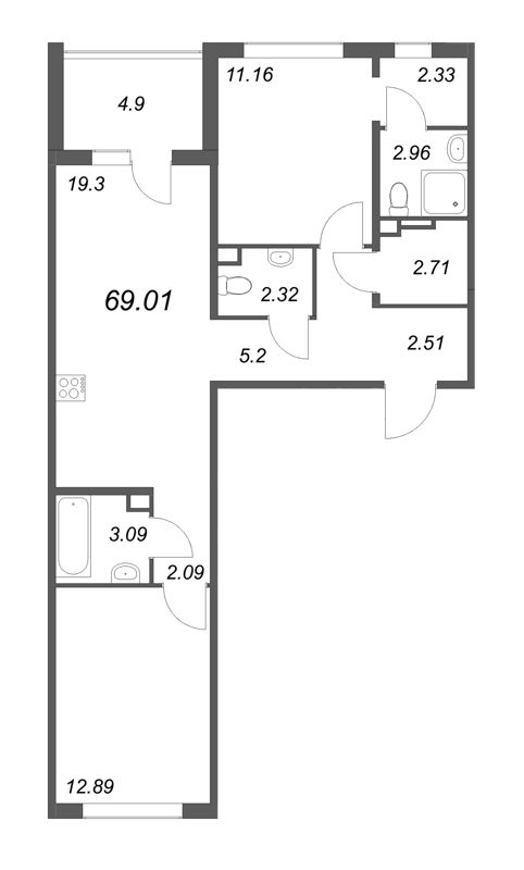 3-комнатная (Евро) квартира, 69.01 м² - планировка, фото №1