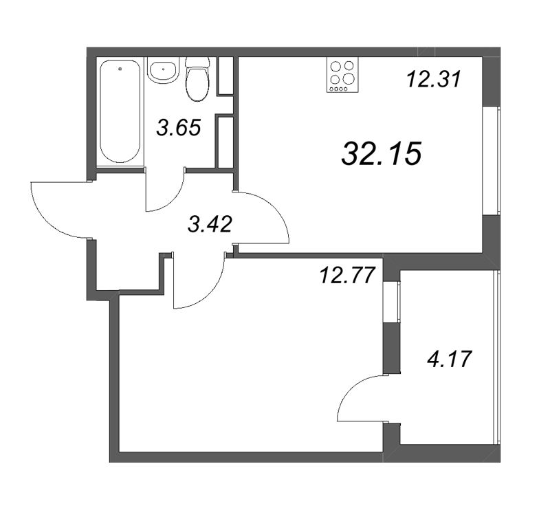 1-комнатная квартира, 32.15 м² - планировка, фото №1
