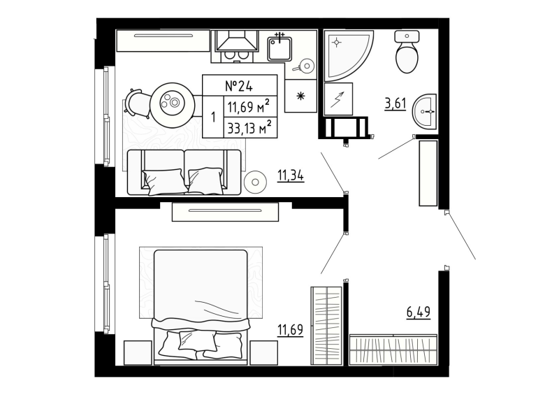 1-комнатная квартира, 33.13 м² - планировка, фото №1