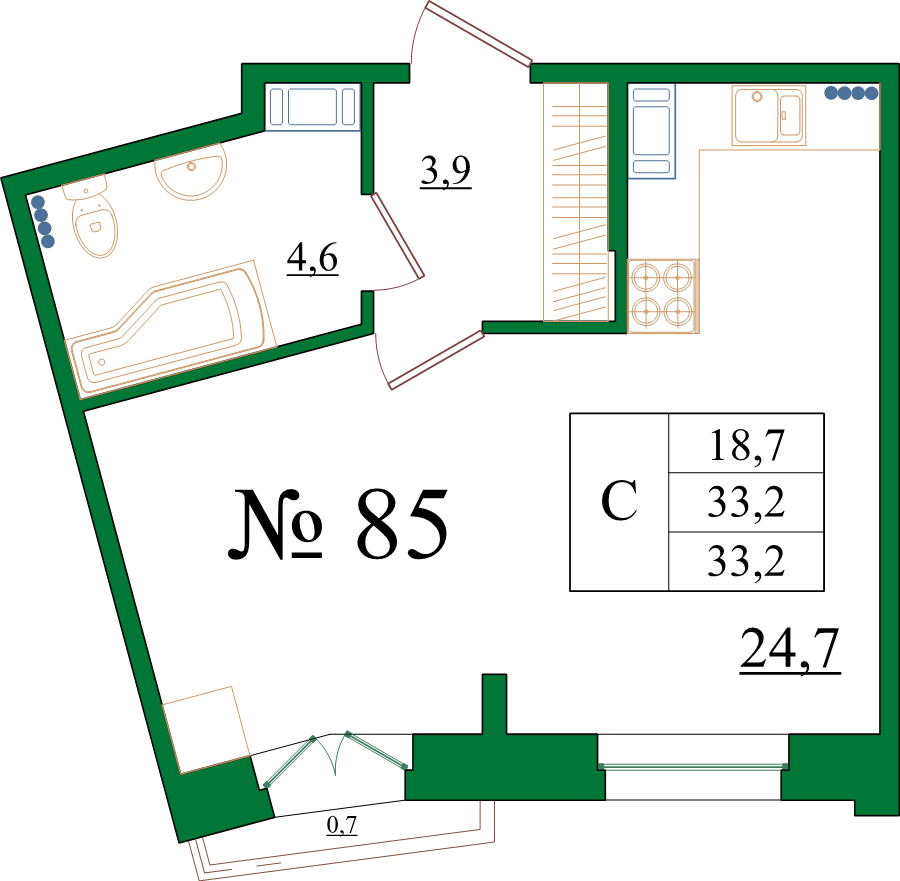 Квартира-студия, 34.8 м² в ЖК "Орловский Бульвар" - планировка, фото №1
