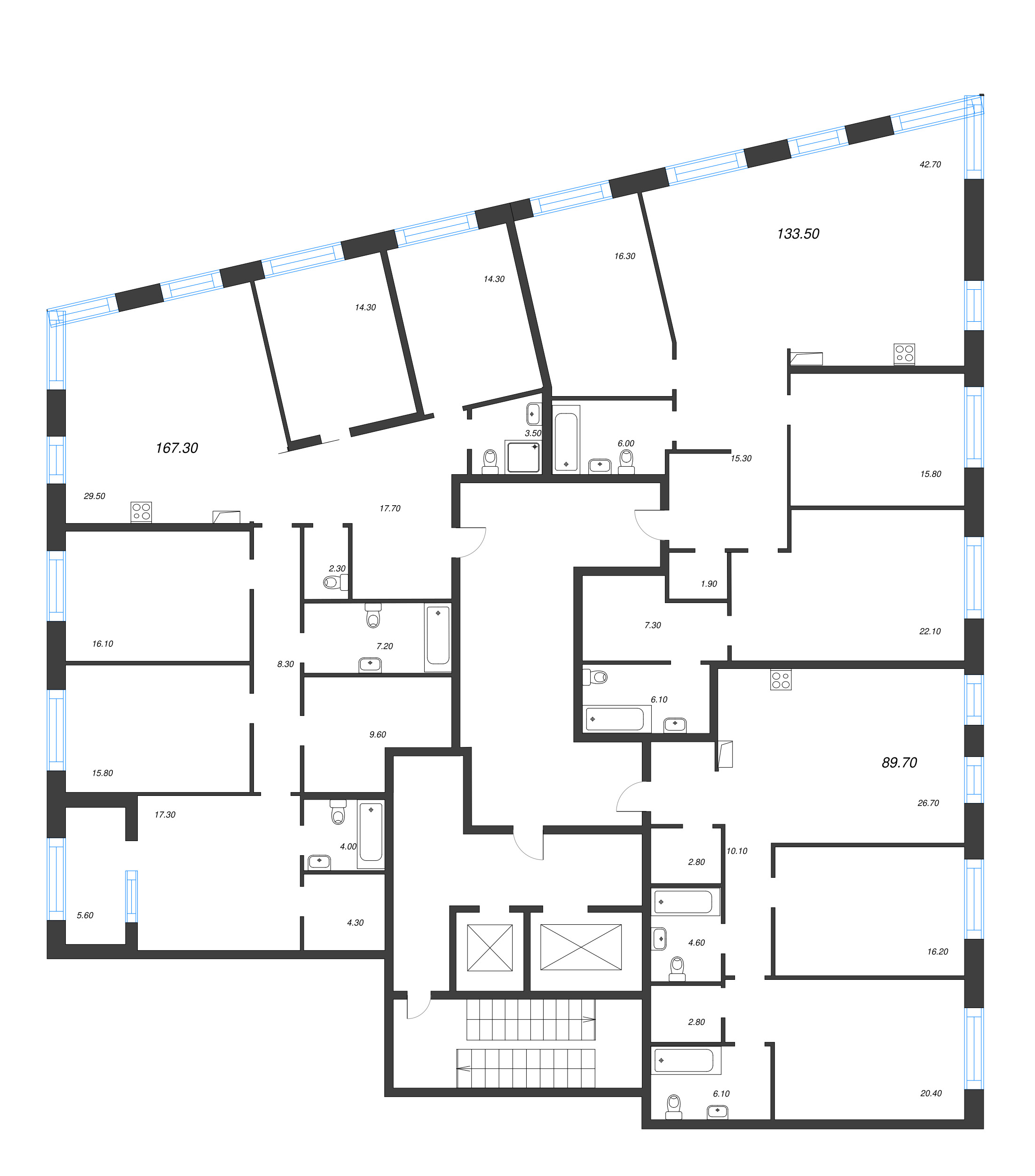 3-комнатная (Евро) квартира, 89.7 м² - планировка этажа