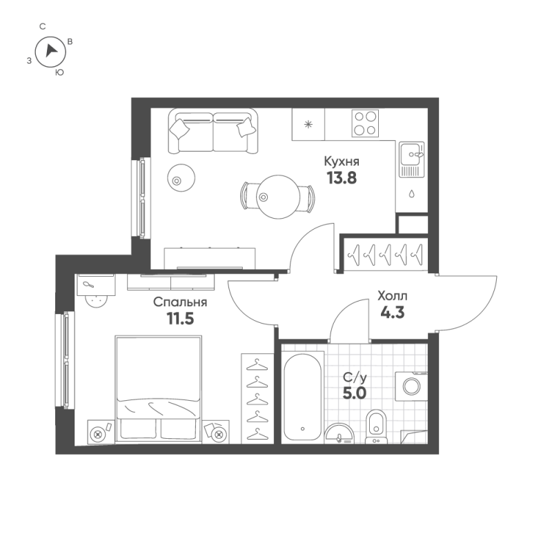 1-комнатная квартира, 34.6 м² - планировка, фото №1