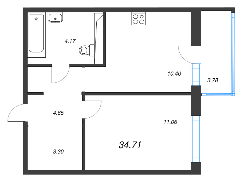 1-комнатная квартира, 34.71 м² в ЖК "Окла" - планировка, фото №1