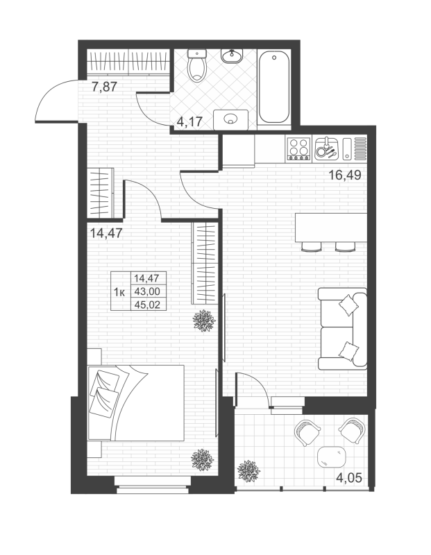 2-комнатная (Евро) квартира, 45.02 м² - планировка, фото №1