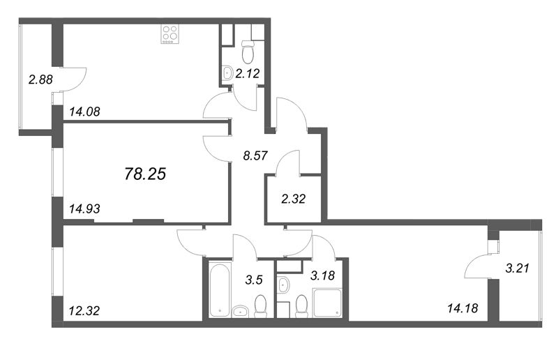 3-комнатная квартира, 78.25 м² в ЖК "Кинопарк" - планировка, фото №1