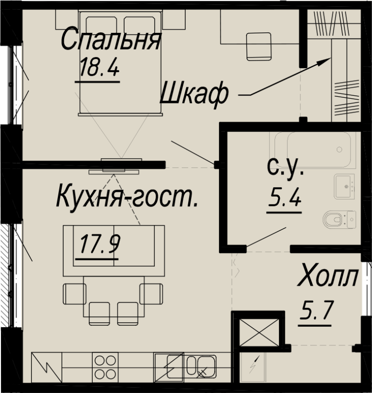 2-комнатная (Евро) квартира, 48.7 м² - планировка, фото №1