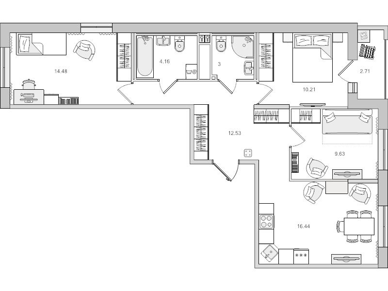 4-комнатная (Евро) квартира, 70.45 м² - планировка, фото №1