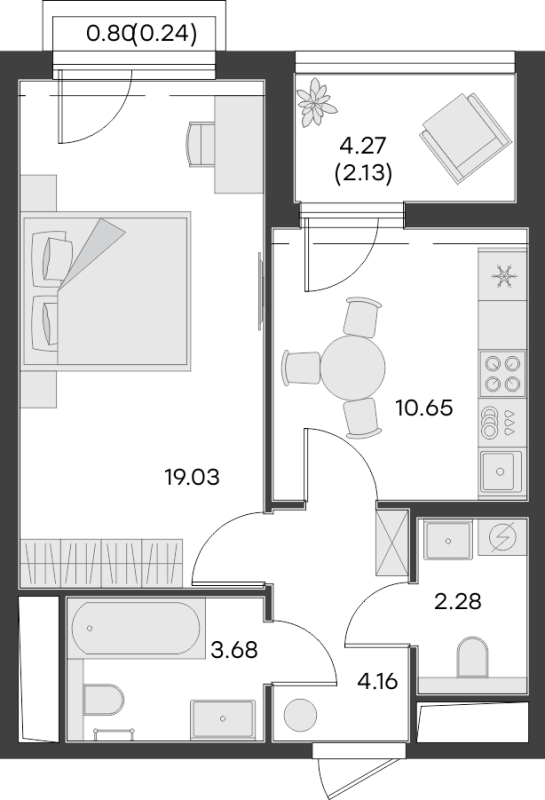 1-комнатная квартира, 42.17 м² - планировка, фото №1